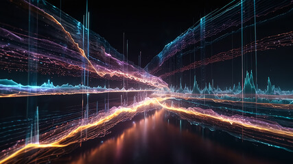 Digital background perfect for tech processes, neural networks, artificial intelligence, data transfer and encryption, digital archives, sound and graphic presentations, science, education, etc.