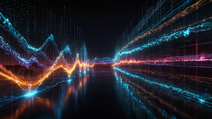 Digital background perfect for tech processes, neural networks, artificial intelligence, data transfer and encryption, digital archives, sound and graphic presentations, science, education, etc.