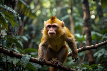 A mischievous monkey swinging through the jungle, its fur a vibrant mix of golden yellows and deep browns, its tail curled playfully around a branch.