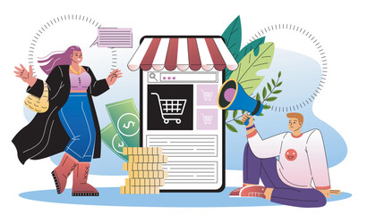 Sale in online store. Man and woman with loudspeaker near golden coins. Shopping on internet, electronic commerce. Discounts and promotions, advertising and marketing. Flat vector illustration