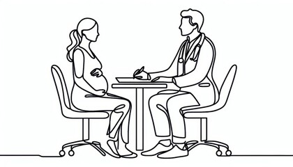 Healthcare Provider and Pregnant Woman Discussing Maternal Health, a doctor and patient, single continuous line isolated white background