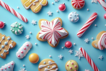 Fototapeta premium A colorful arrangement of decorated cookies and candy canes on a blue surface