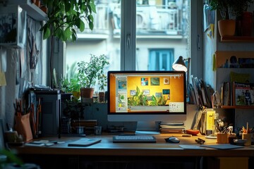 A computer monitor sits on a wooden desk, perfect for office or home use