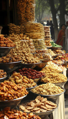 Delightful street vendors showcase array of delicious snacks, including crispy treats and sweet confections, creating vibrant and inviting atmosphere