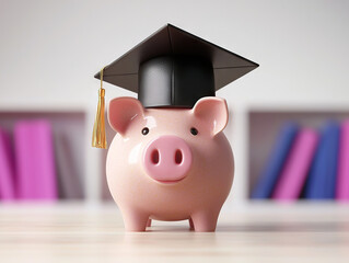 piggy bank wearing graduation cap symbolizes financial education and saving for future studies. This conveys importance of planning for education expenses