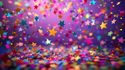 Vibrant confetti of multicolored stars, each radiating light, floating against a rich purple background with a slight glow, creating a joyful celebratory scene