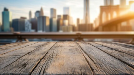 Obraz premium table to place objects with the Manhattan Bridge in the background