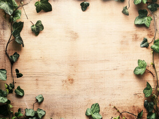 Naklejka premium Wooden background with ivy decoration, with copy space for text or product presentation design template. 
