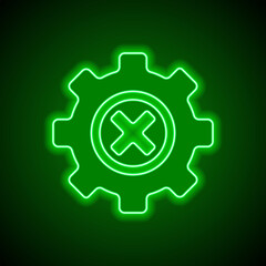 Gear vector simple icon. Flat design. Green neon on black background with green light
