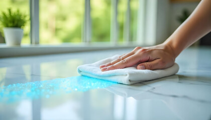 Fototapeta premium hand using a cleaning wipe marble surface