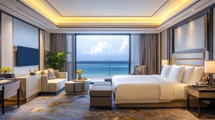 A cozy hotel room with a stunning ocean view