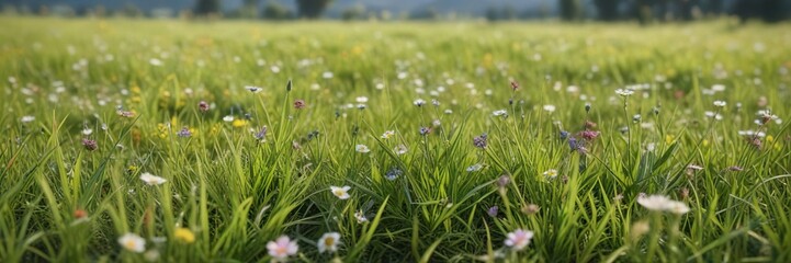Softly focused field of natural grass with a few scattered wildflowers, rustic, verdant, foliage