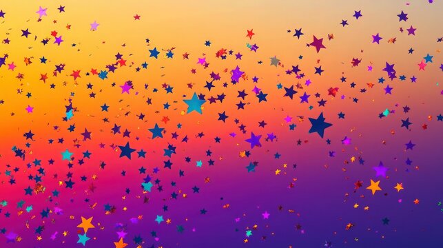 Scattered colorful star confetti on a gradient sunset background, moving from warm orange to deep purple, capturing a joyful twilight celebration