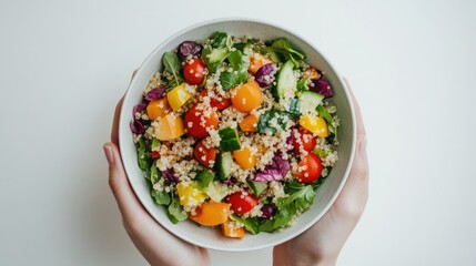 Fresh Colorful Salad with Quinoa and Vegetables in Hands