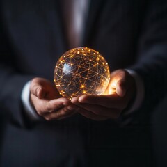 Insurance agent reviewing a glowing globe with connected financial institutions, global policy concept