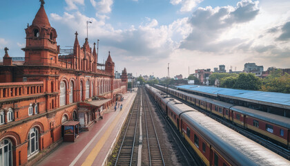 Obraz premium Iconic Howrah Railway Station in Kolkata, showcasing its stunning architecture and vibrant atmosphere. scene captures trains and beautiful sky, evoking sense of travel and adventure
