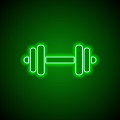 Dumbbell simple icon vector. Flat design. Green neon on black background with green light