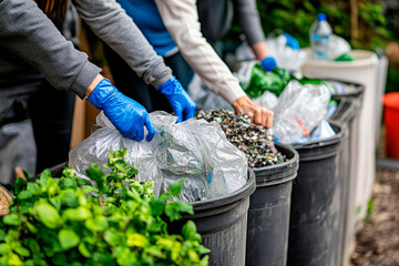 Volunteers sorting recyclables during a community cleanup event