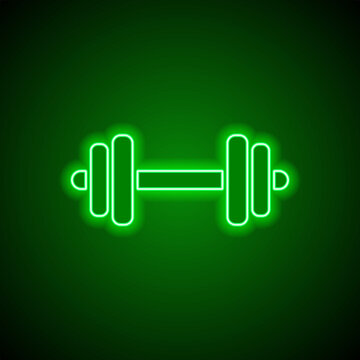 Dumbbell simple icon vector. Flat design. Green neon on black background with green light