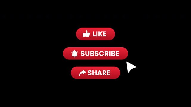 4k of pop up button animation of Subscribe, Like, Notification bell with black annd grennscreen background