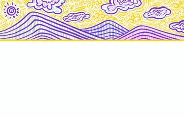 Abstract doodle styled mountain, sky, clouds, and sun illustration background isolated on horizontal copy spaced white background.