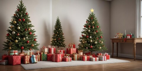 Spruce Christmas tree with presents and decorations, festive, interior
