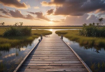 Spectacular view from a wooden boardwalk over the expansive wetlands of the Everglades, animals, reptiles, destination, alligators, snakes