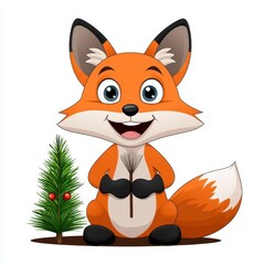 Obraz premium Cute cartoon illustration of a cheerful fox sitting near a tiny Christmas tree with big joyful eyes, isolated white background.