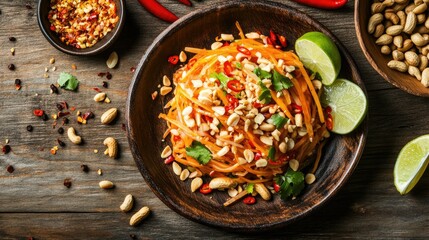 Colorful Thai Papaya Salad with Peanuts and Chili on Wood Table