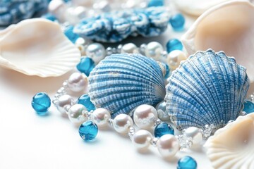 A close-up of shells and pearls arranged on a table, perfect for decorative or jewelry-related concepts