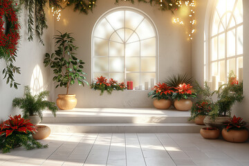A white room with a window and a plant in a vase