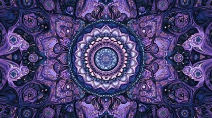 A highly detailed pixel art mandala made of intricate patterns and gradients, with soft purple and blue tones