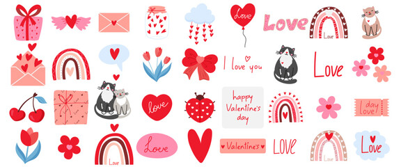 Cute set of stickers for Valentines day. Vector illustration different love and romantic elements, love, heart, flower. Collection for planner, greeting card, love letter or diary