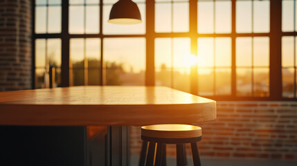 Fototapeta premium warm sunset illuminates modern kitchen with wooden table and stool, creating cozy atmosphere. large windows enhance inviting ambiance