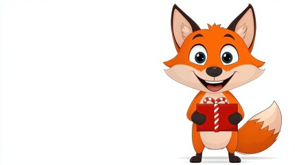 Fototapeta premium Cute cartoon illustration of a cheerful holiday fox with big bright eyes, holding a candy cane, isolated white background.