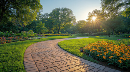 Serene Sunlit Pathway in Vibrant Green Park Surrounded by Colorful Flower Beds and Lush Trees During Golden Hour
