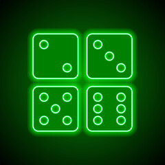 Dices simple icon, vector. Flat design. Green neon on black background with green light