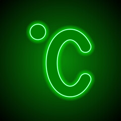 Degree celsius simple icon. Flat design. Green neon on black background with green light