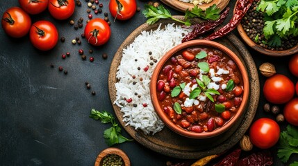 Vibrant Chili Bowl with Rice and Fresh Ingredients on Dark Table