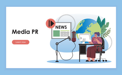 Media PR landing page. Woman recording news. Company presentation and press conference. Public relations manager at workplace. Flat vector illustration