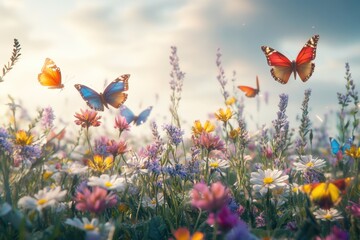 A sunny day in a meadow filled with vibrant flowers and fluttering butterflies