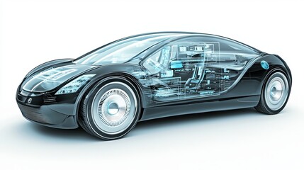Fototapeta premium Futuristic black transparent car showcasing intricate internal technology and design.