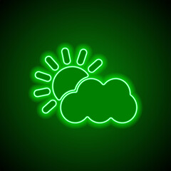 Cloud sun simple icon. Flat design. Green neon on black background with green light
