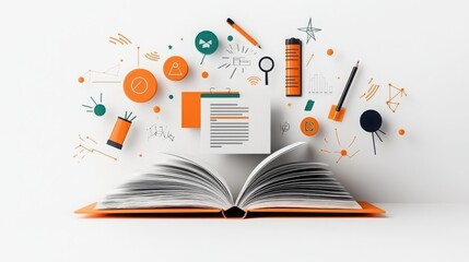 Illustration of an open textbook with educational icons modern learning environment graphic design concept knowledge sharing digital era creative visuals