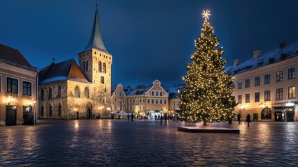 Fototapeta premium Charming Winter Evening in Historic Town Square with Christmas Tree