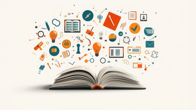 Dynamic learning environment open textbook surrounded by educational icons modern classroom digital illustration engaging and innovative concepts
