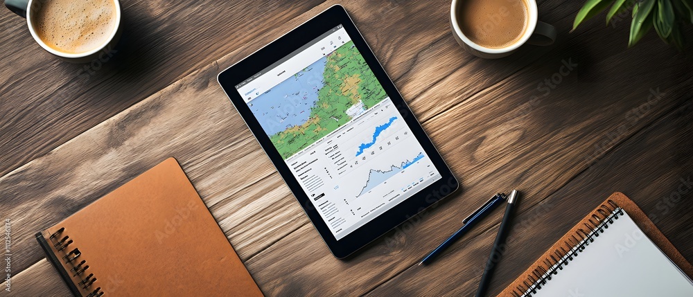 Poster a modern workspace featuring a tablet displaying a map with data charts, surrounded by notebooks and