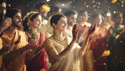 joyful celebration featuring women in sarees and men in kurtas, adorned with traditional jewelry and floral decorations, surrounded by festive atmosphere