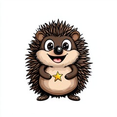 Fototapeta premium Cute cartoon illustration of a festive hedgehog holding a tiny star with big joyful eyes, isolated white background.