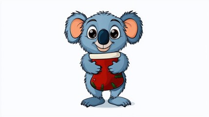 Cute cartoon illustration of a festive koala hugging a Christmas stocking with big shiny eyes, isolated white background.
